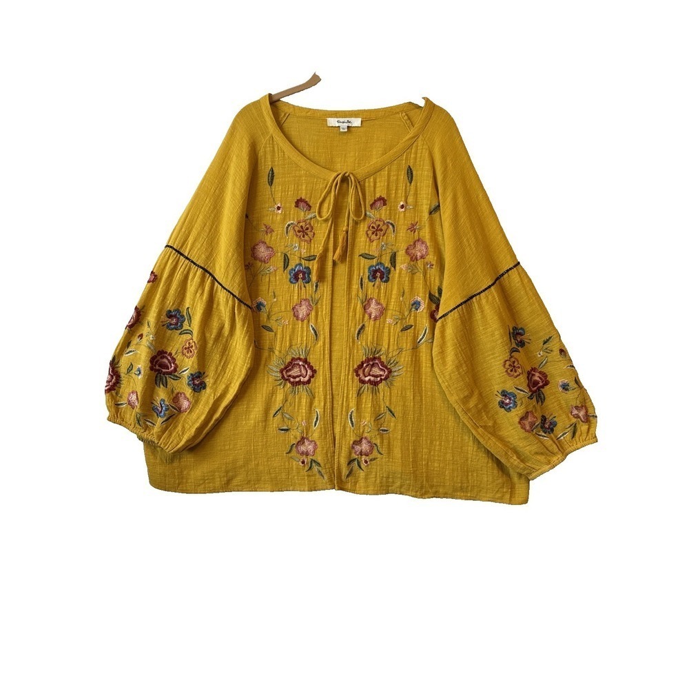 Simply Be Embroidered Floral Yellow Open Tie Cardigan Top Plus 24 Boho Cottage‎